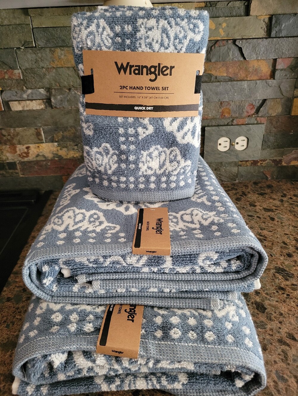 NEW 5pc Set Wrangler Blue White Floral Bandana‎ 2 Bath 2 Hand Towel & MAT